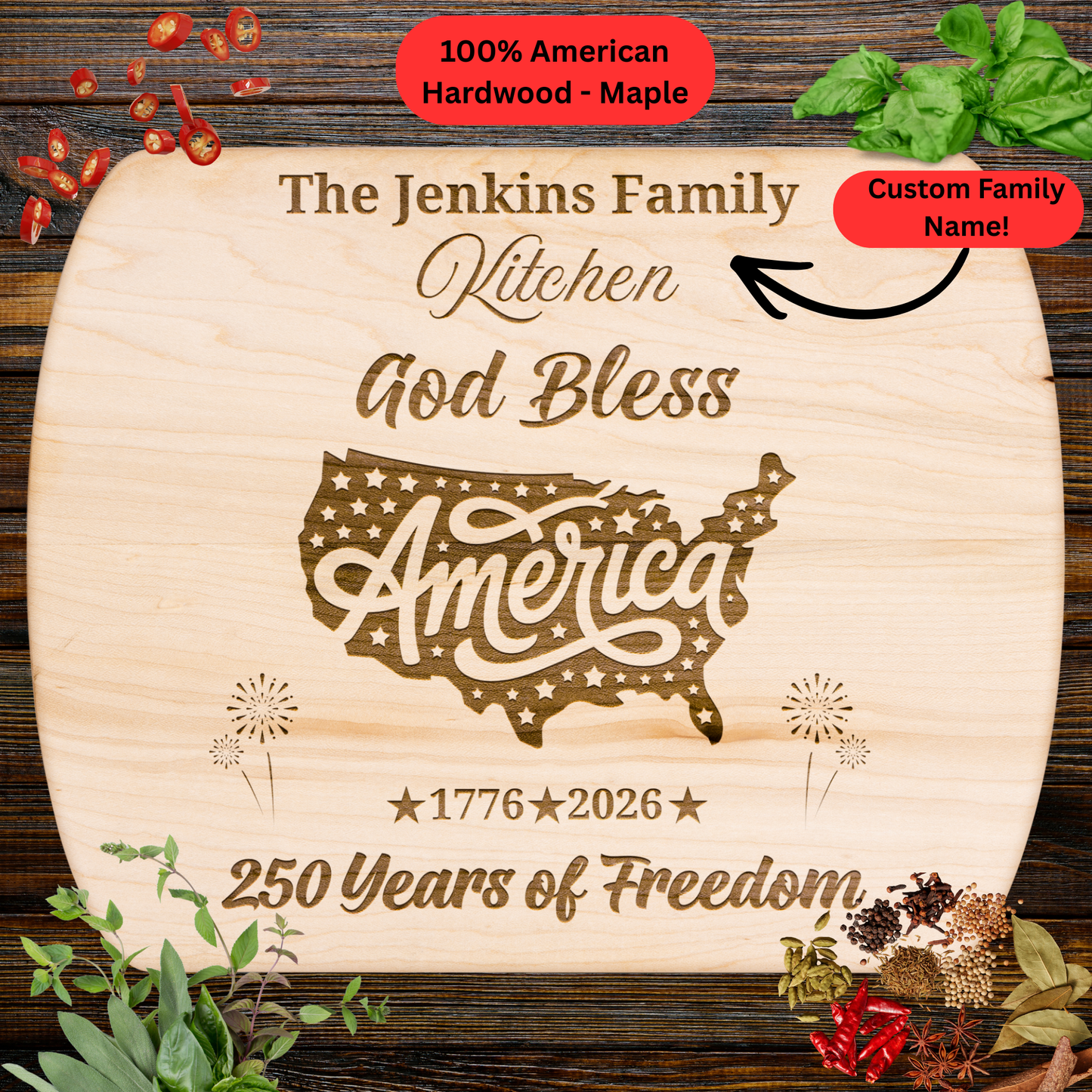 God Bless America Personalized Cutting Board. Custom Family Name Cutting Board. Patriotic USA Anniversary Decor