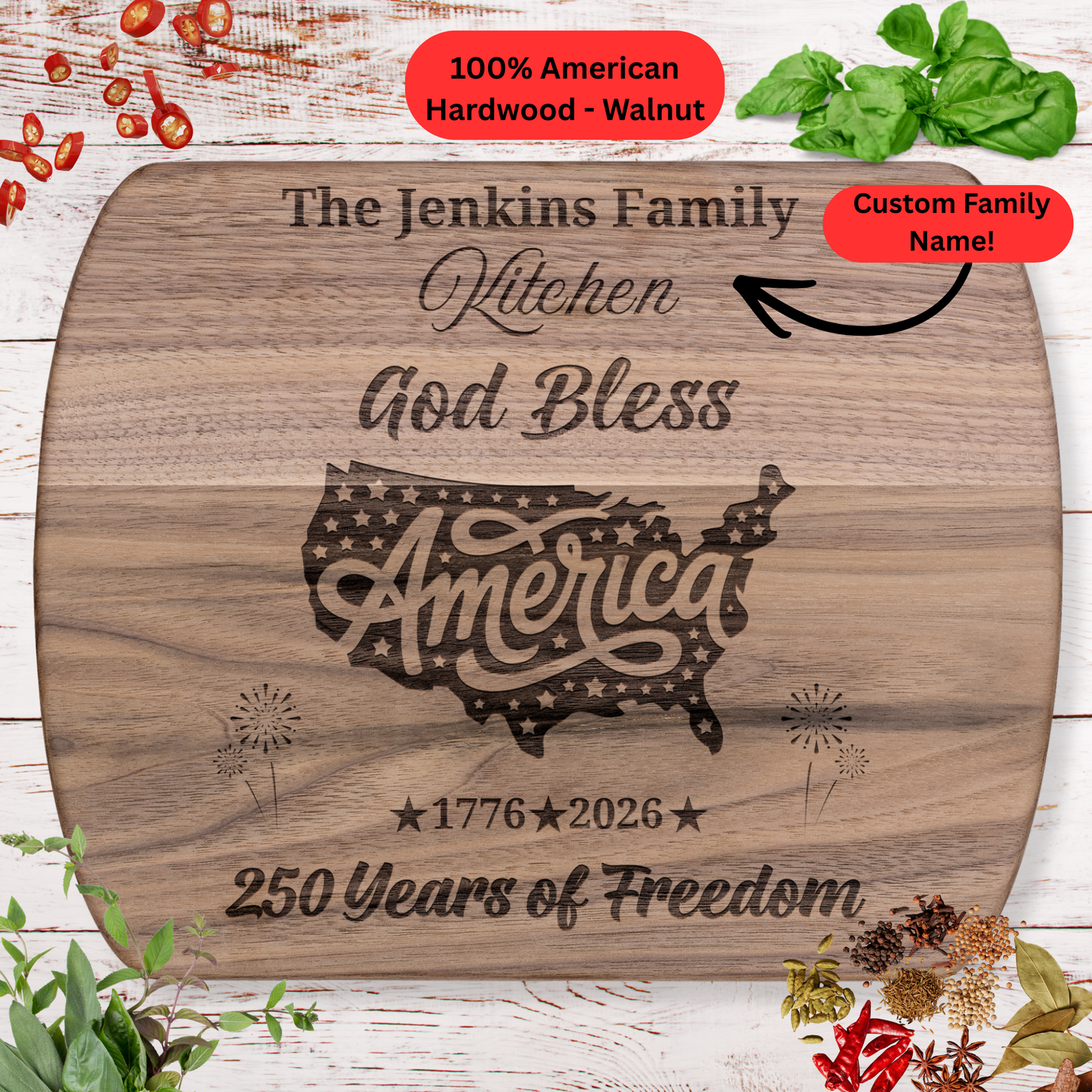 God Bless America Personalized Cutting Board. Custom Family Name Cutting Board. Patriotic USA Anniversary Decor
