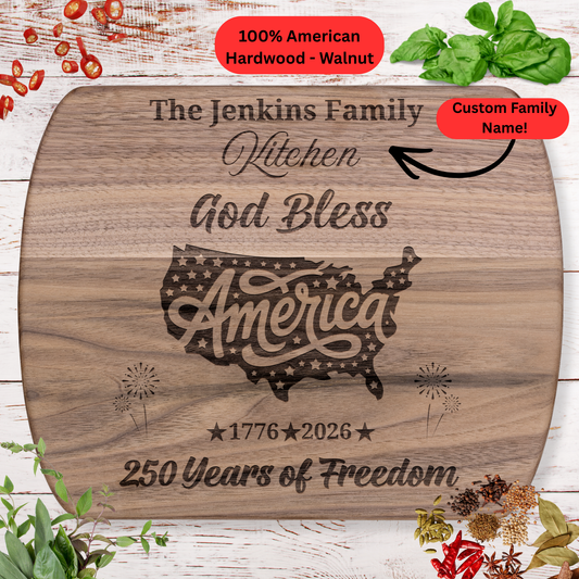 God Bless America Personalized Cutting Board. Custom Family Name Cutting Board. Patriotic USA Anniversary Decor
