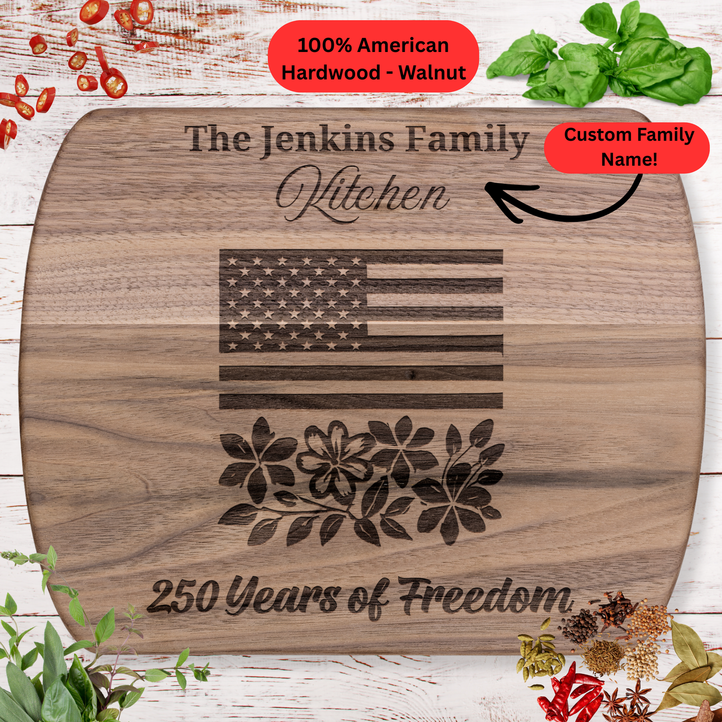 250 Years of Freedom Personalized Cutting Board. Custom Family Name Gift. Patriotic USA Keepsake