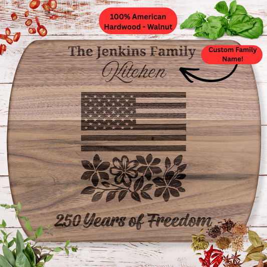 250 Years of Freedom Personalized Cutting Board. Custom Family Name Gift. Patriotic USA Keepsake