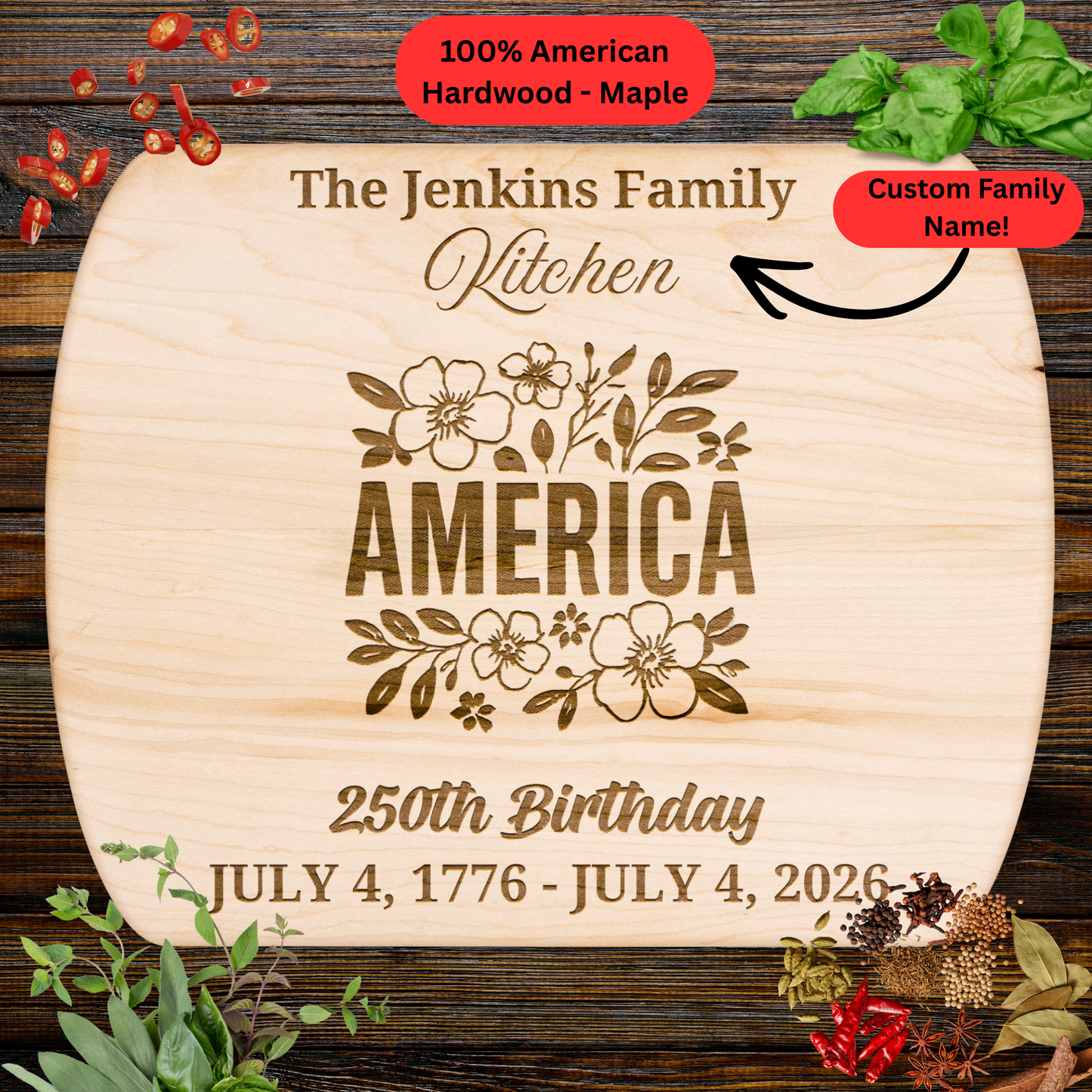 250 Years of Freedom Personalized Cutting Board. Custom Family Name Gift. Patriotic USA Keepsake