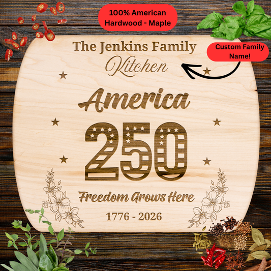 America 250th Anniversary Personalized Cutting Board. Custom Family Name Gift.