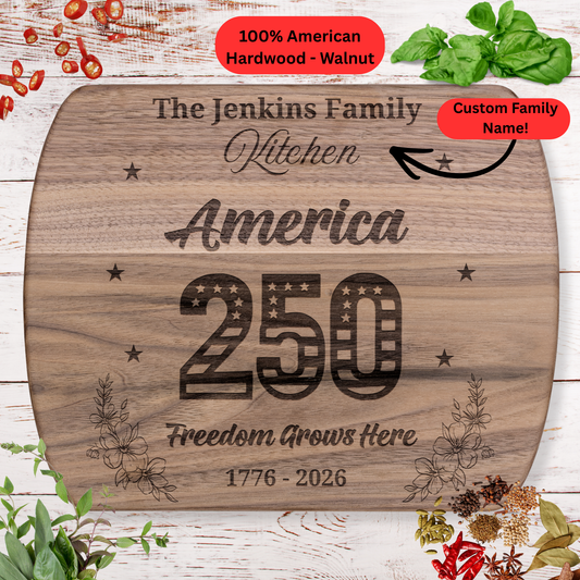 America 250th Anniversary Personalized Cutting Board. Custom Family Name Gift.