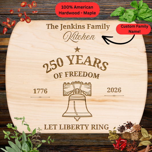 250 Years of Freedom Personalized Cutting Board. Custom Family Name Liberty Bell Decor. Patriotic USA Keepsake