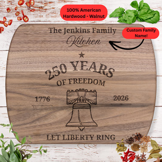 250 Years of Freedom Personalized Cutting Board. Custom Family Name Liberty Bell Decor. Patriotic USA Keepsake
