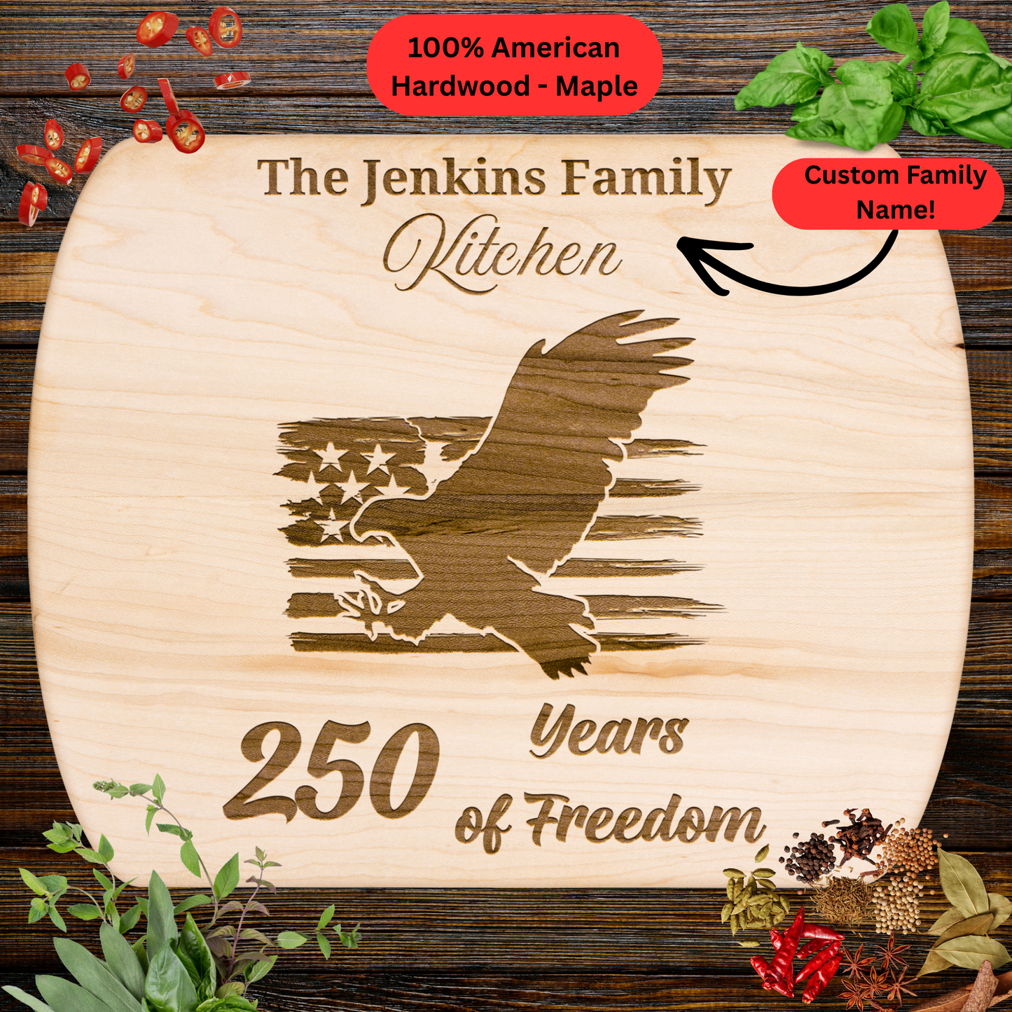 250 Years of Freedom Personalized Cutting Board. Custom Family Name Gift. Patriotic USA Anniversary Keepsake