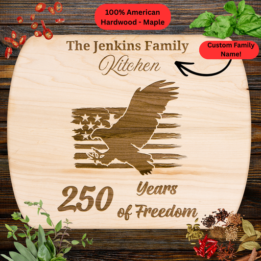 250 Years of Freedom Personalized Cutting Board. Custom Family Name Gift. Patriotic USA Anniversary Keepsake