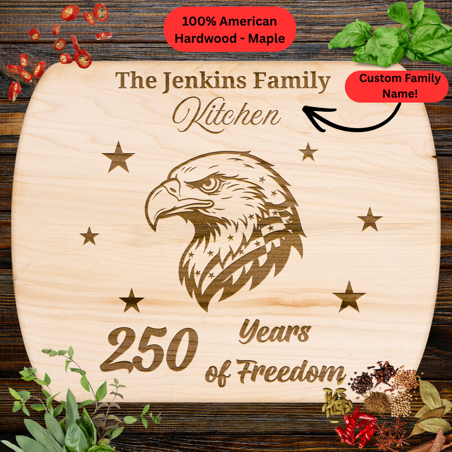250 Years of Freedom Personalized Cutting Board. Custom Family Name Gift. America Anniversary Keepsake