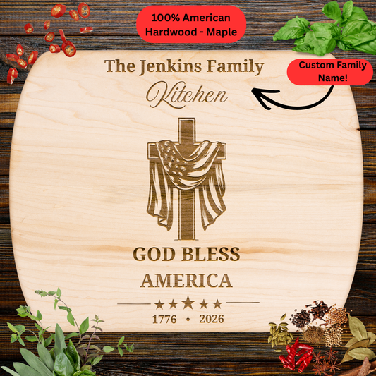 God Bless America Personalized Cutting Board. Custom Family Name Gift. Patriotic Christian Keepsake