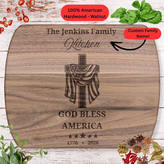 God Bless America Personalized Cutting Board. Custom Family Name Gift. Patriotic Christian Keepsake