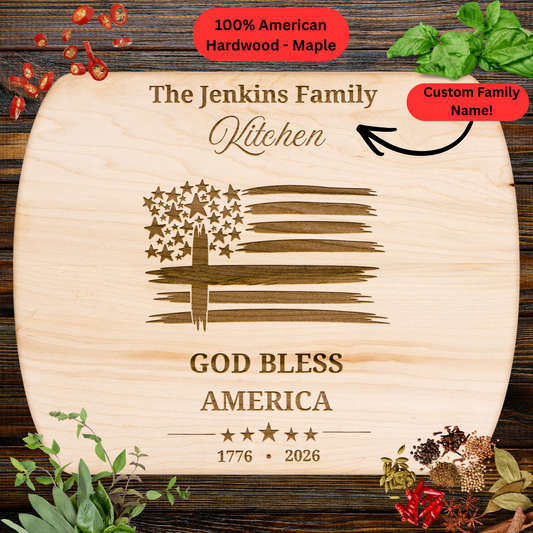 God Bless America Personalized Cutting Board. Custom Family Name Gift. Christian Patriotic Keepsake