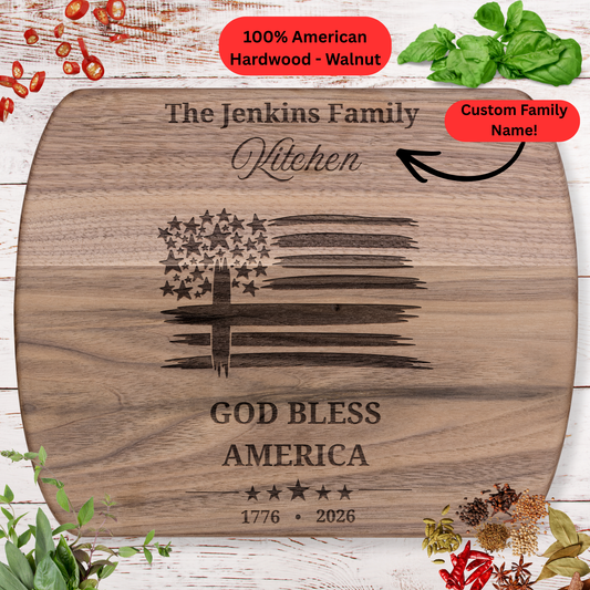 God Bless America Personalized Cutting Board. Custom Family Name Gift. Christian Patriotic Keepsake