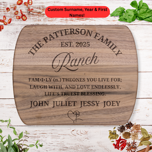 Personalized Ranch Family Cutting Board. Custom Names and Year. Faith and Family Gift. Ranch Family Gift