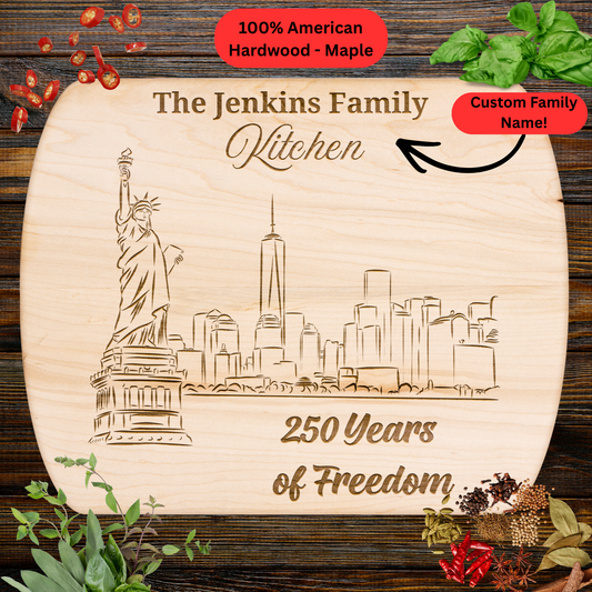 250 Years of Freedom Personalized Cutting Board. Custom Family Name USA Keepsake. Patriotic Kitchen Decor