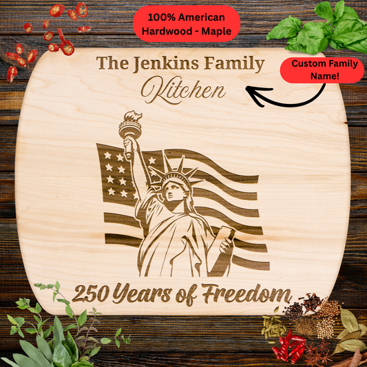 250 Years of Freedom Personalized Cutting Board. Custom Family Name USA Keepsake. Patriotic Kitchen Decor