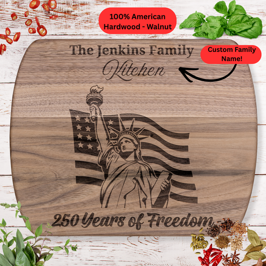 250 Years of Freedom Personalized Cutting Board. Custom Family Name USA Keepsake. Patriotic Kitchen Decor
