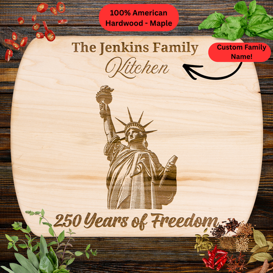 250 Years of Freedom Personalized Cutting Board. Custom Family Name USA Keepsake. Patriotic Kitchen Decor