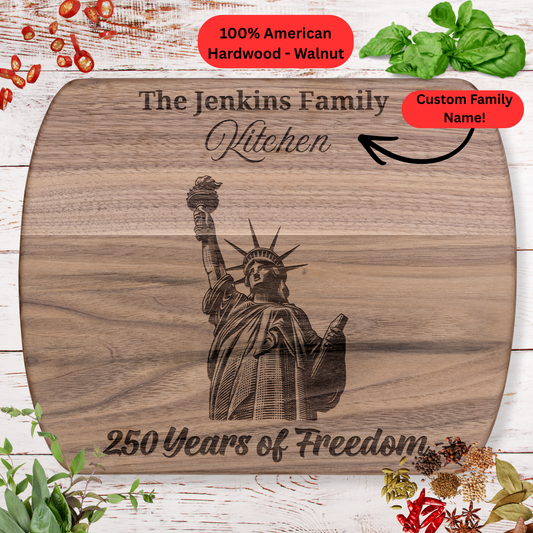 250 Years of Freedom Personalized Cutting Board. Custom Family Name USA Keepsake. Patriotic Kitchen Decor