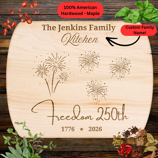 Freedom 250th Personalized Cutting Board. 1776–2026 America Anniversary Gift. Custom Family Name Keepsake. Patriotic Fireworks Kitchen Decor