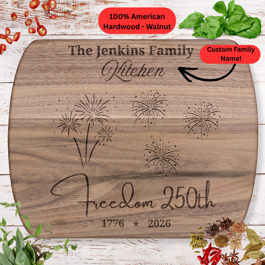 Freedom 250th Personalized Cutting Board. 1776–2026 America Anniversary Gift. Custom Family Name Keepsake. Patriotic Fireworks Kitchen Decor