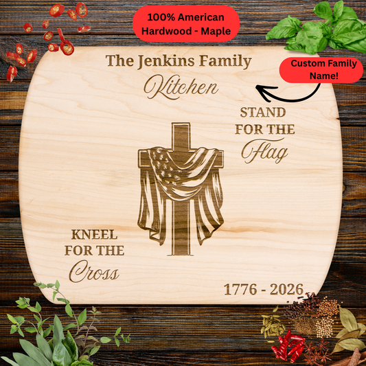 Christian Personalized Cutting Board. 1776–2026 Christian Patriotic Gift. Custom Family Name Keepsake. American Flag Cross Decor