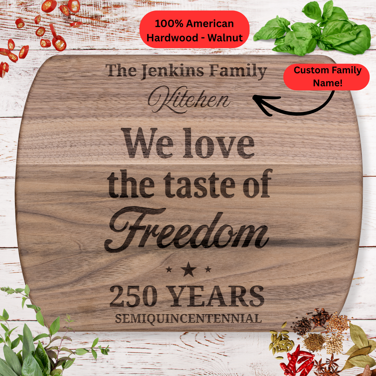 Personalized patriotic Cutting Board. America 250th Semiquincentennial Gift. Custom Family Name Keepsake. Patriotic Kitchen Decor