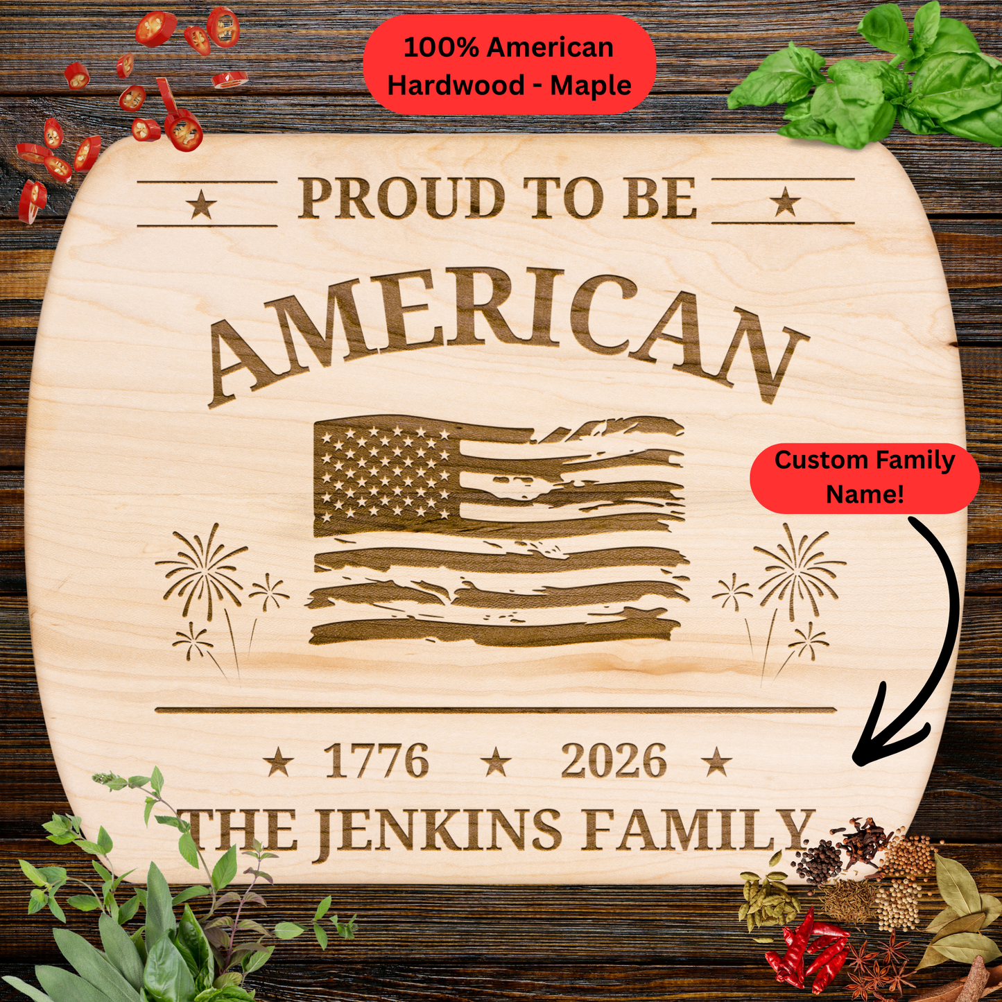Personalized Cutting Board. USA 250th Anniversary Gift. 1776-2026 American Flag Kitchen Decor. Custom Family Name