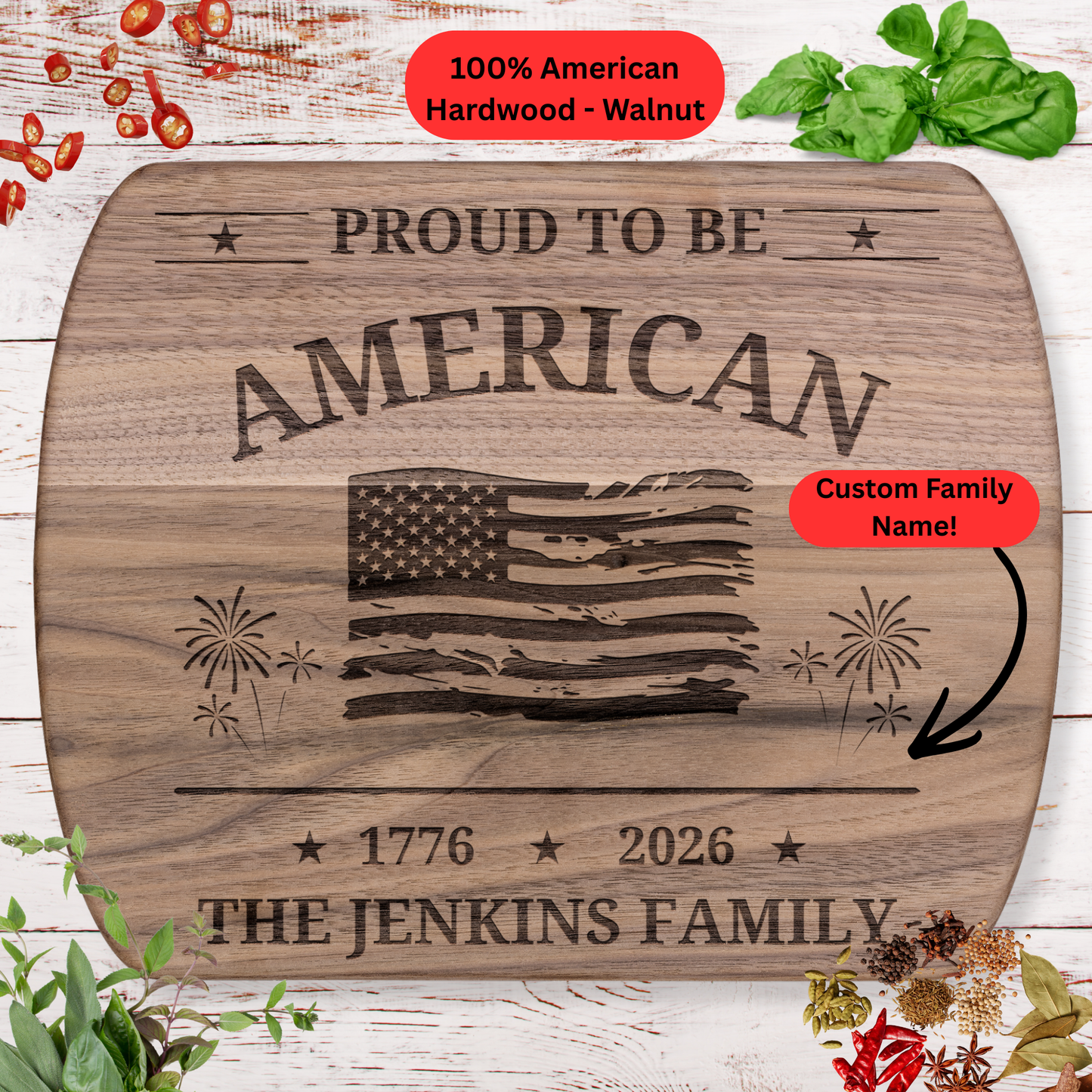Personalized Cutting Board. USA 250th Anniversary Gift. 1776-2026 American Flag Kitchen Decor. Custom Family Name