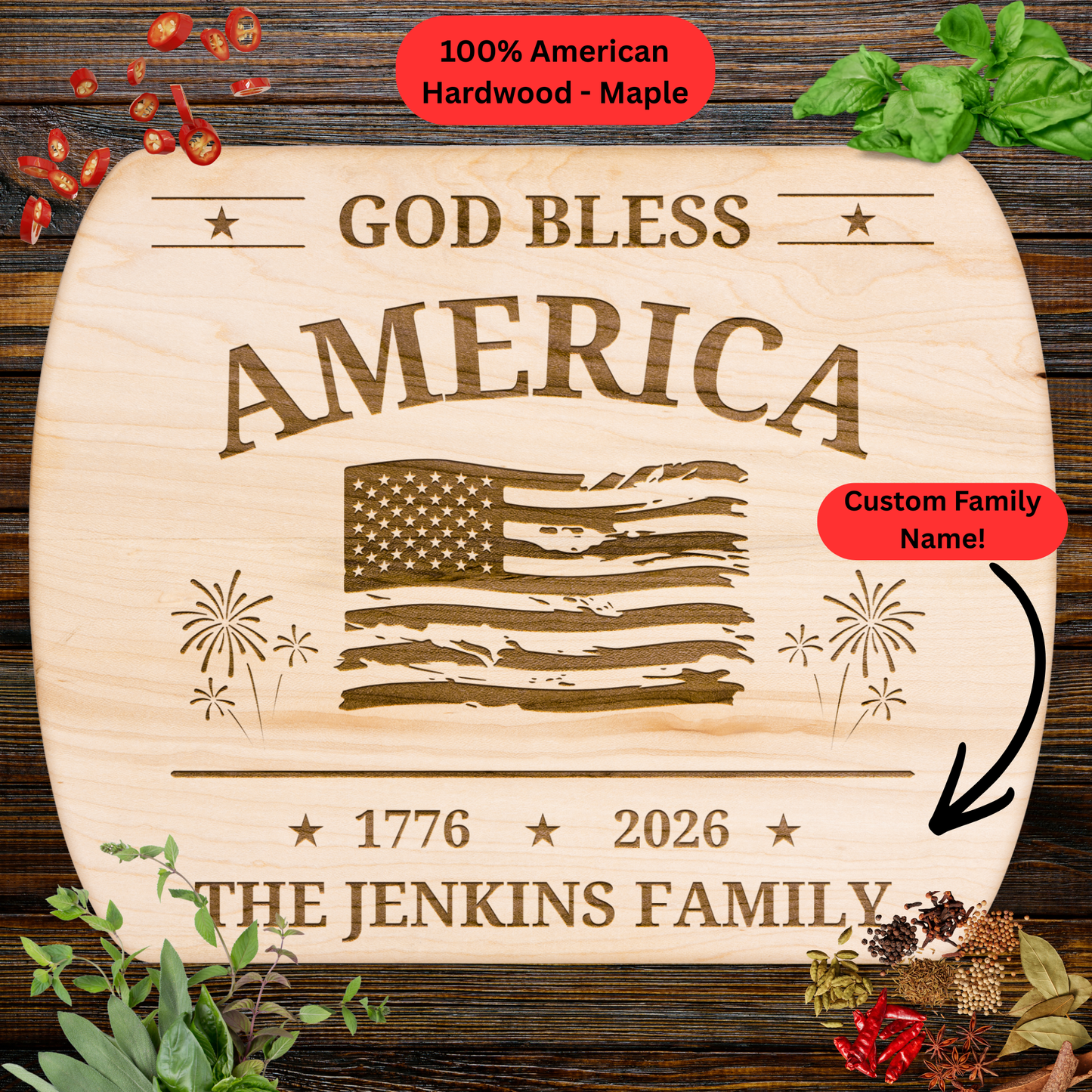 Personalized God Bless America Cutting Board. 1776 2026 USA Flag Fireworks Kitchen Gift. Custom Family Name Patriotic Home Decor