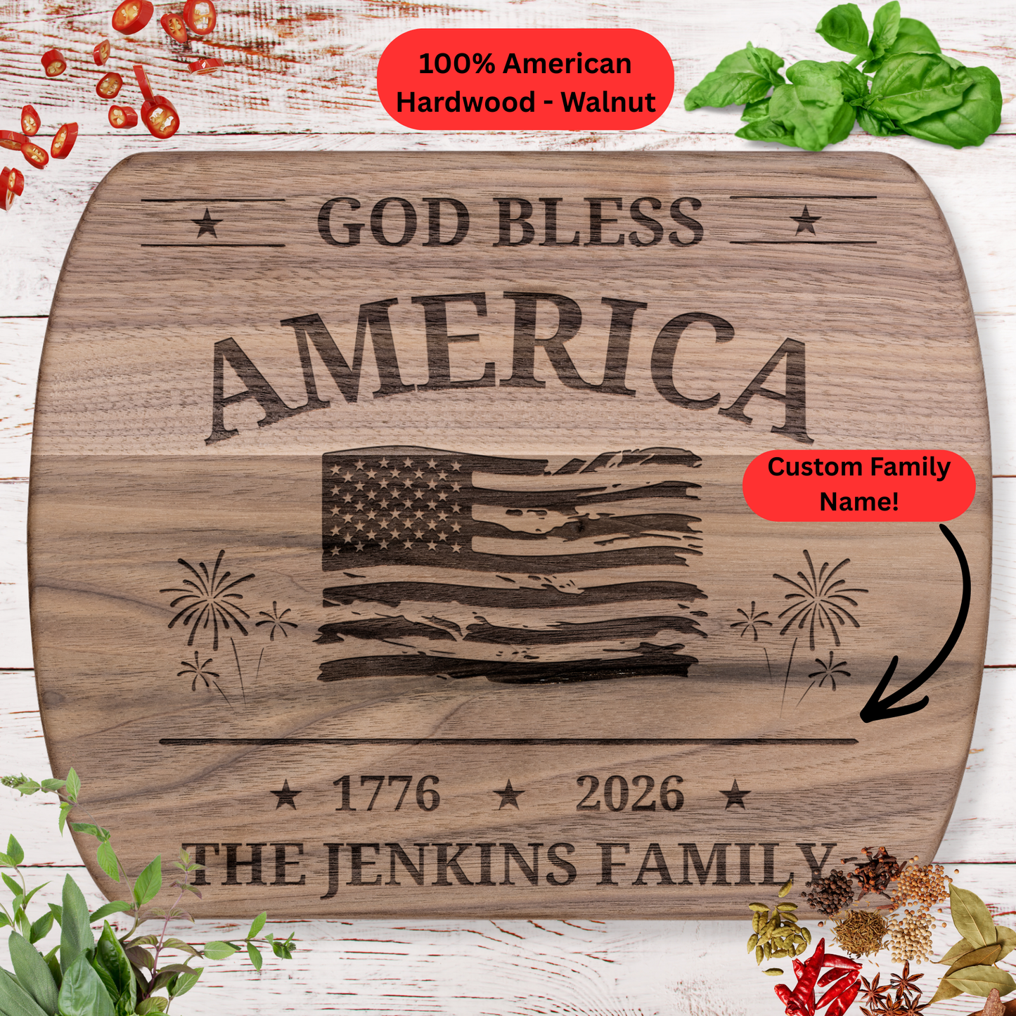 Personalized God Bless America Cutting Board. 1776 2026 USA Flag Fireworks Kitchen Gift. Custom Family Name Patriotic Home Decor