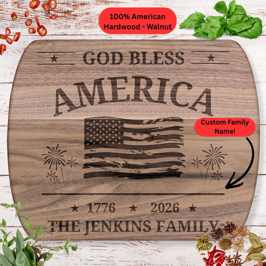 Personalized God Bless America Cutting Board. 1776 2026 USA Flag Fireworks Kitchen Gift. Custom Family Name Patriotic Home Decor