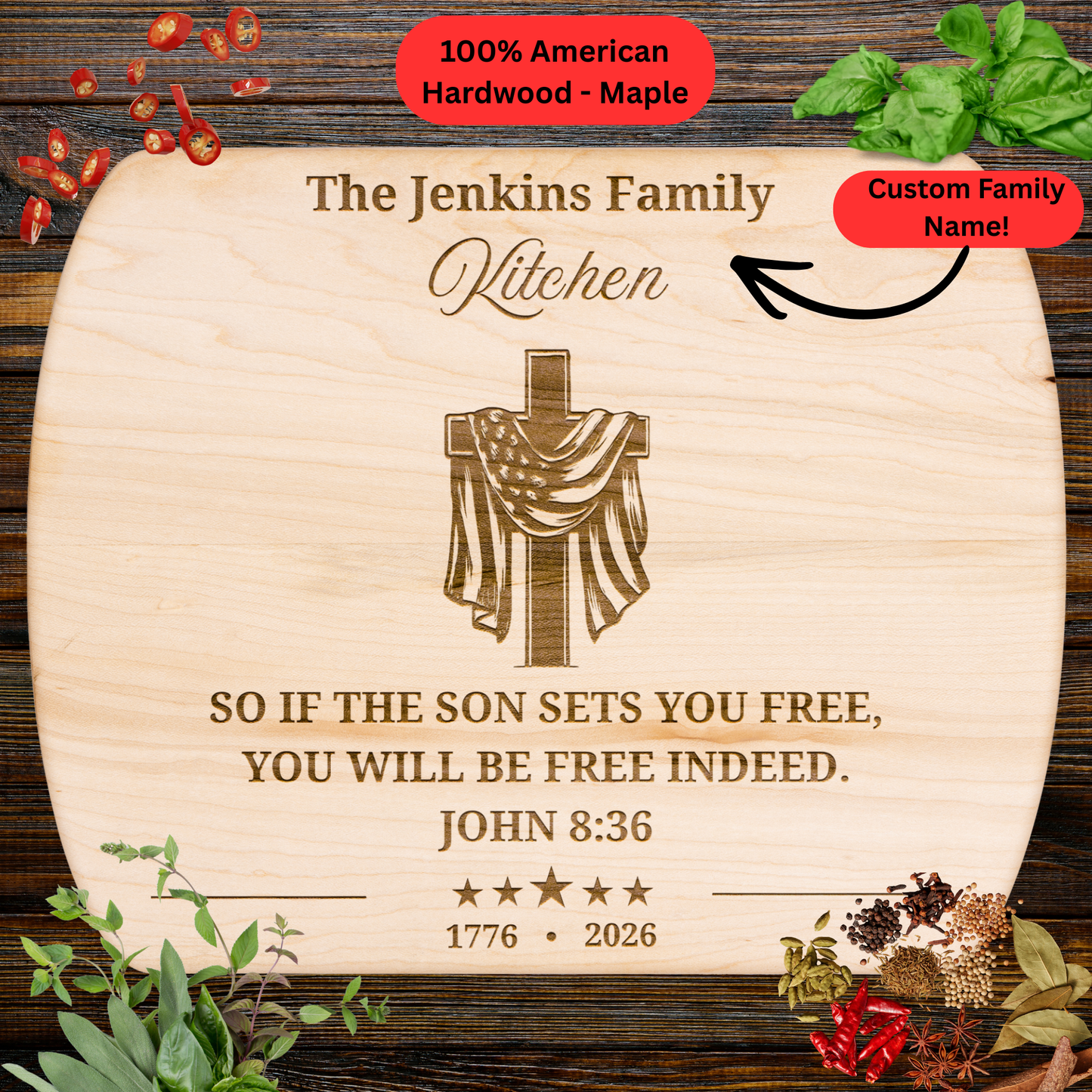 Personalized Christian Cutting Board. 1776 - 2026 Cross American Flag Patriotic Kitchen Decor. Family Name