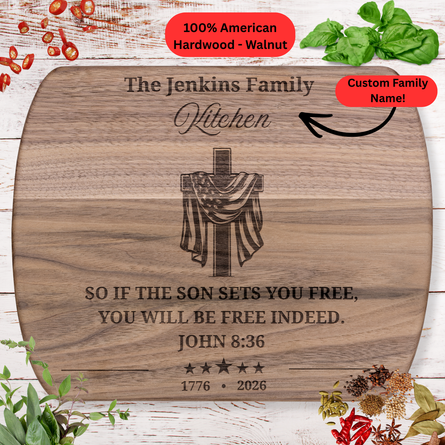Personalized Christian Cutting Board. 1776 - 2026 Cross American Flag Patriotic Kitchen Decor. Family Name