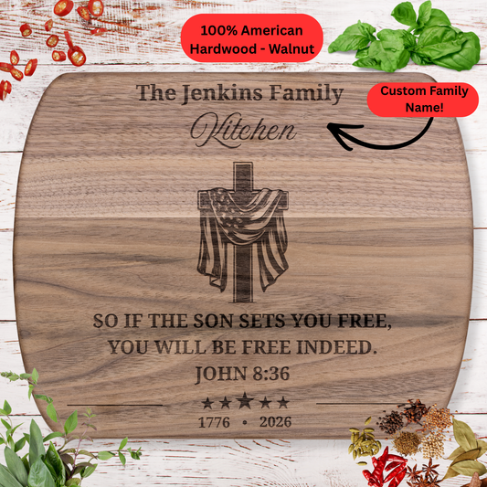 Personalized Christian Cutting Board. 1776 - 2026 Cross American Flag Patriotic Kitchen Decor. Family Name