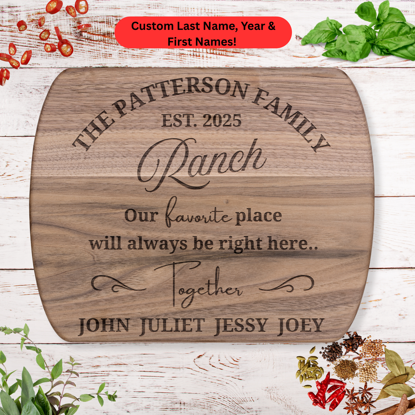 Personalized Ranch Family Cutting Board. Custom Surname, Year and First Names. Rustic Family and Home Gift. Ranch Family Gift.