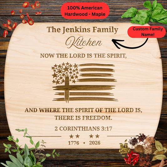 Personalized Christian Cutting Board. Bible Verse Gift. 1776 - 2026 American Flag Cross Patriotic Kitchen Decor. Family Name