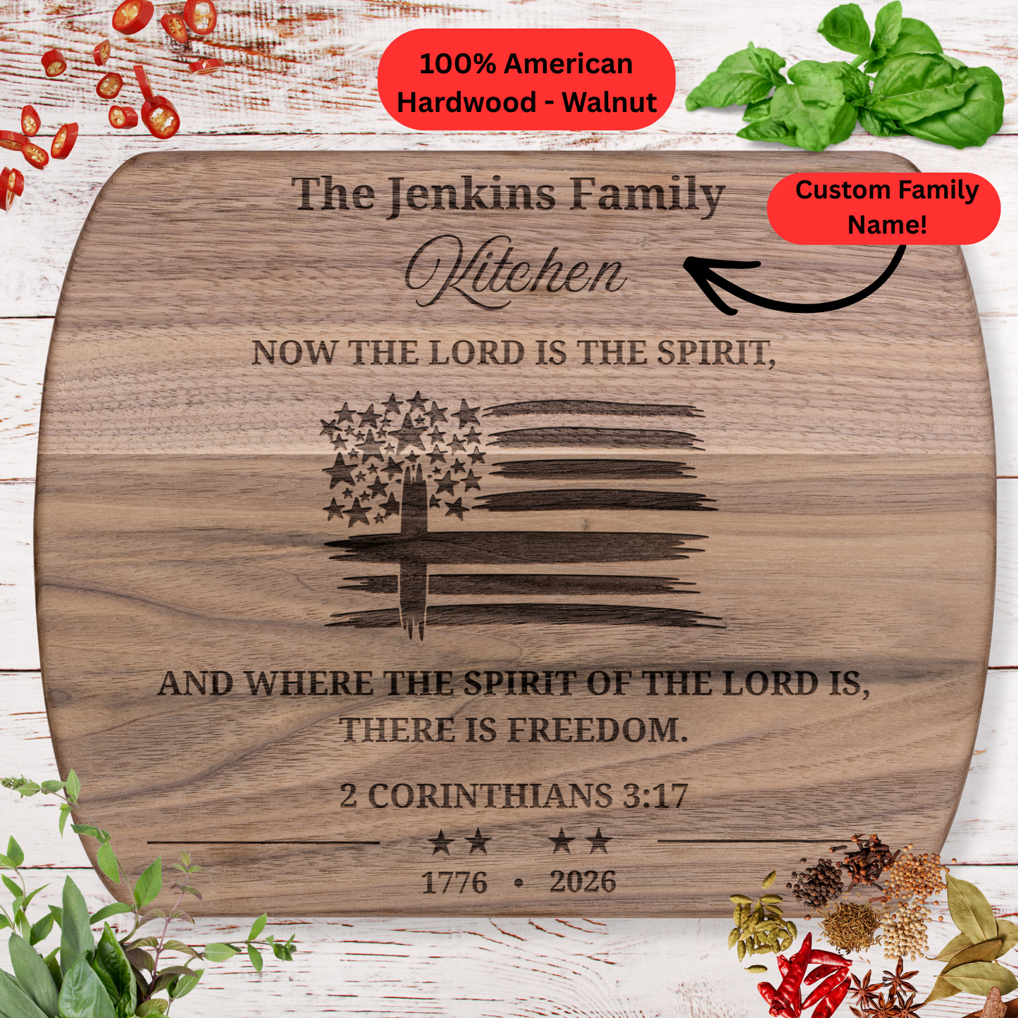 Personalized Christian Cutting Board. Bible Verse Gift. 1776 - 2026 American Flag Cross Patriotic Kitchen Decor. Family Name