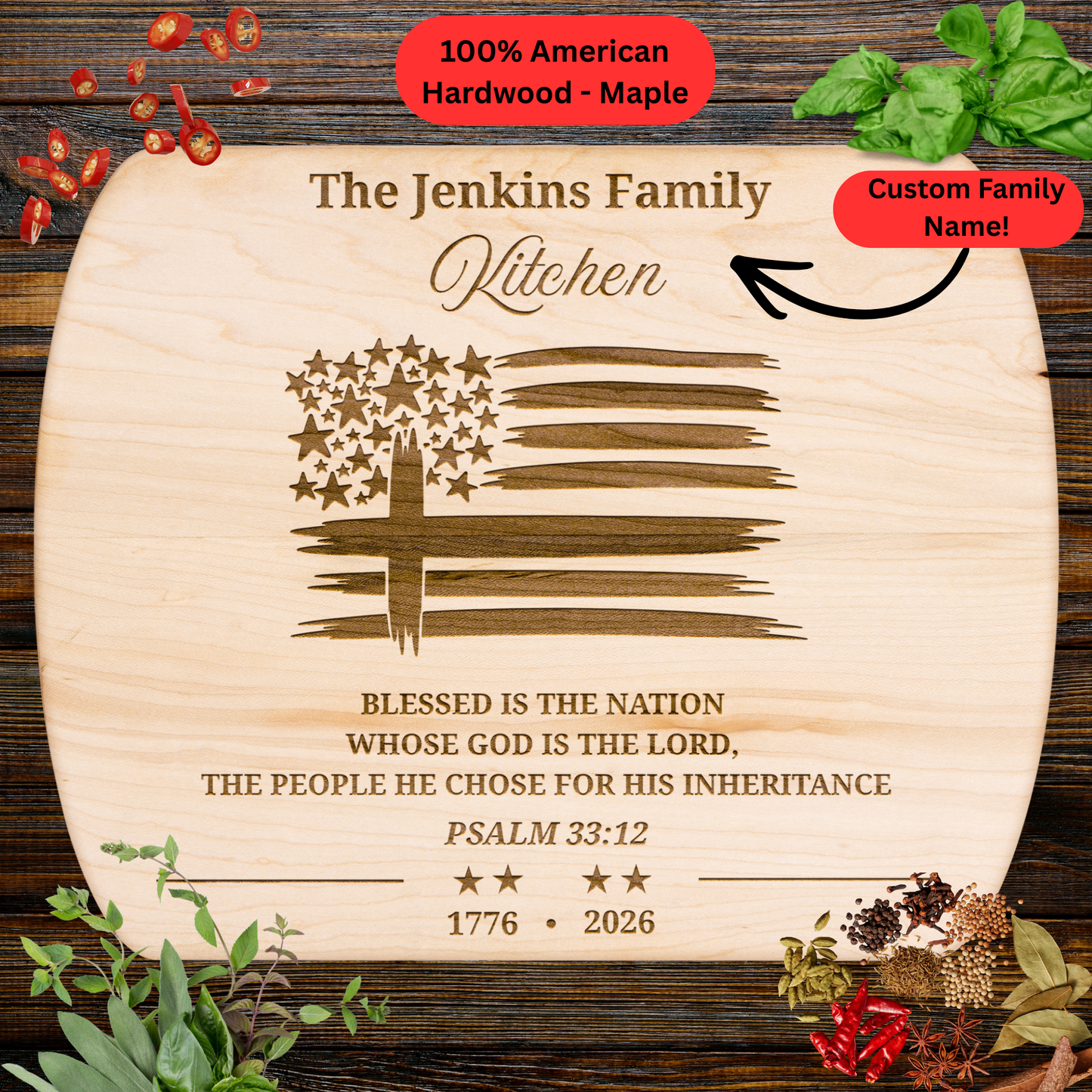 Personalized Christian Cutting Board. Bible Verse Gift. 1776 - 2026 American Flag Cross Patriotic Kitchen Decor. Family Name