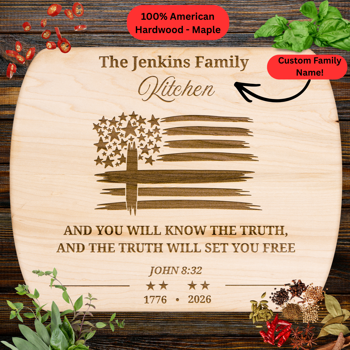 Personalized Christian Cutting Board. Bible Verse Gift. 1776 - 2026 American Flag Cross Patriotic Kitchen Decor. Family Name