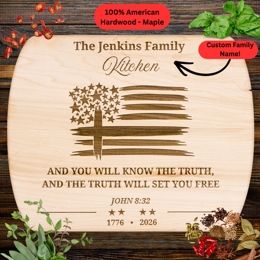 Personalized Christian Cutting Board. Bible Verse Gift. 1776 - 2026 American Flag Cross Patriotic Kitchen Decor. Family Name