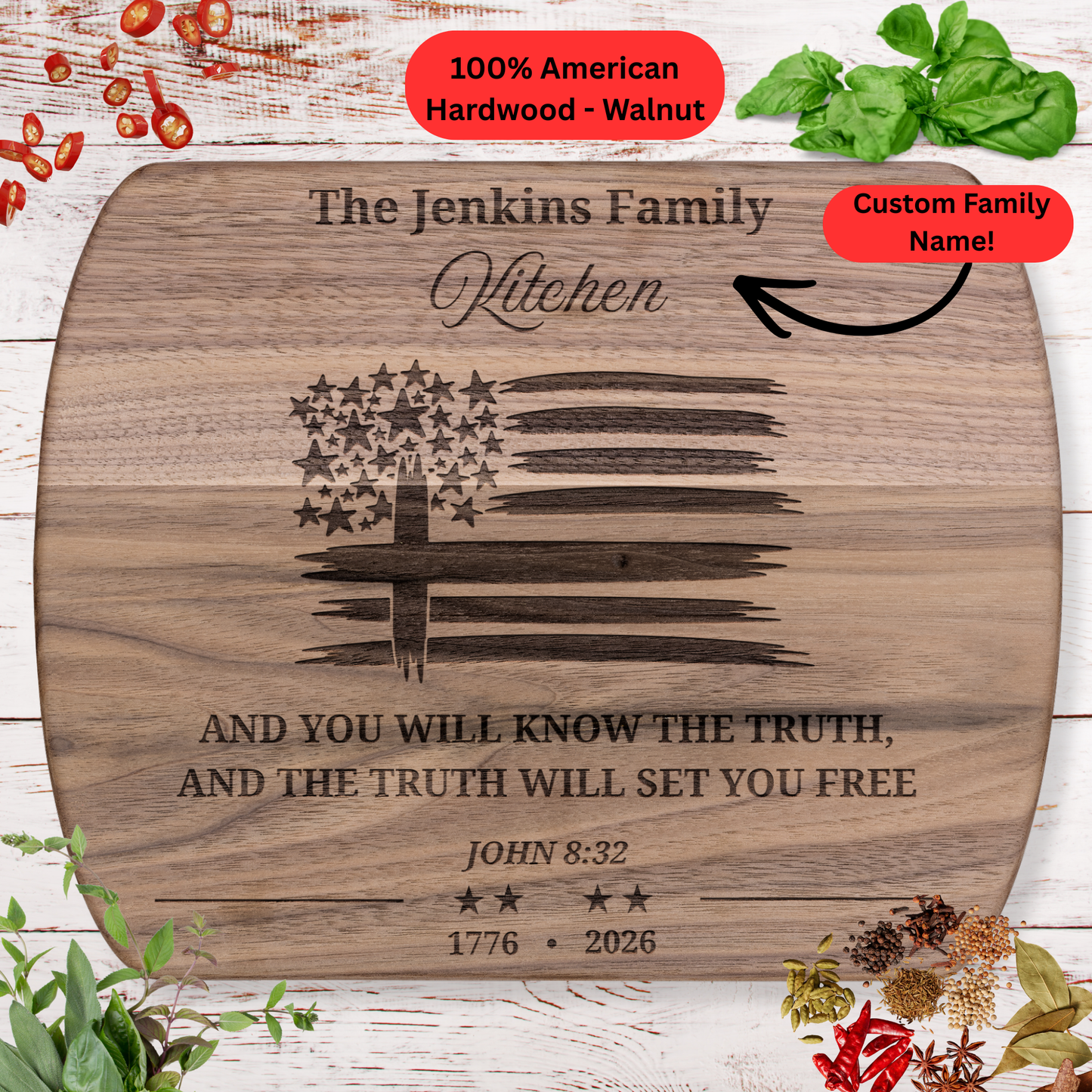 Personalized Christian Cutting Board. Bible Verse Gift. 1776 - 2026 American Flag Cross Patriotic Kitchen Decor. Family Name