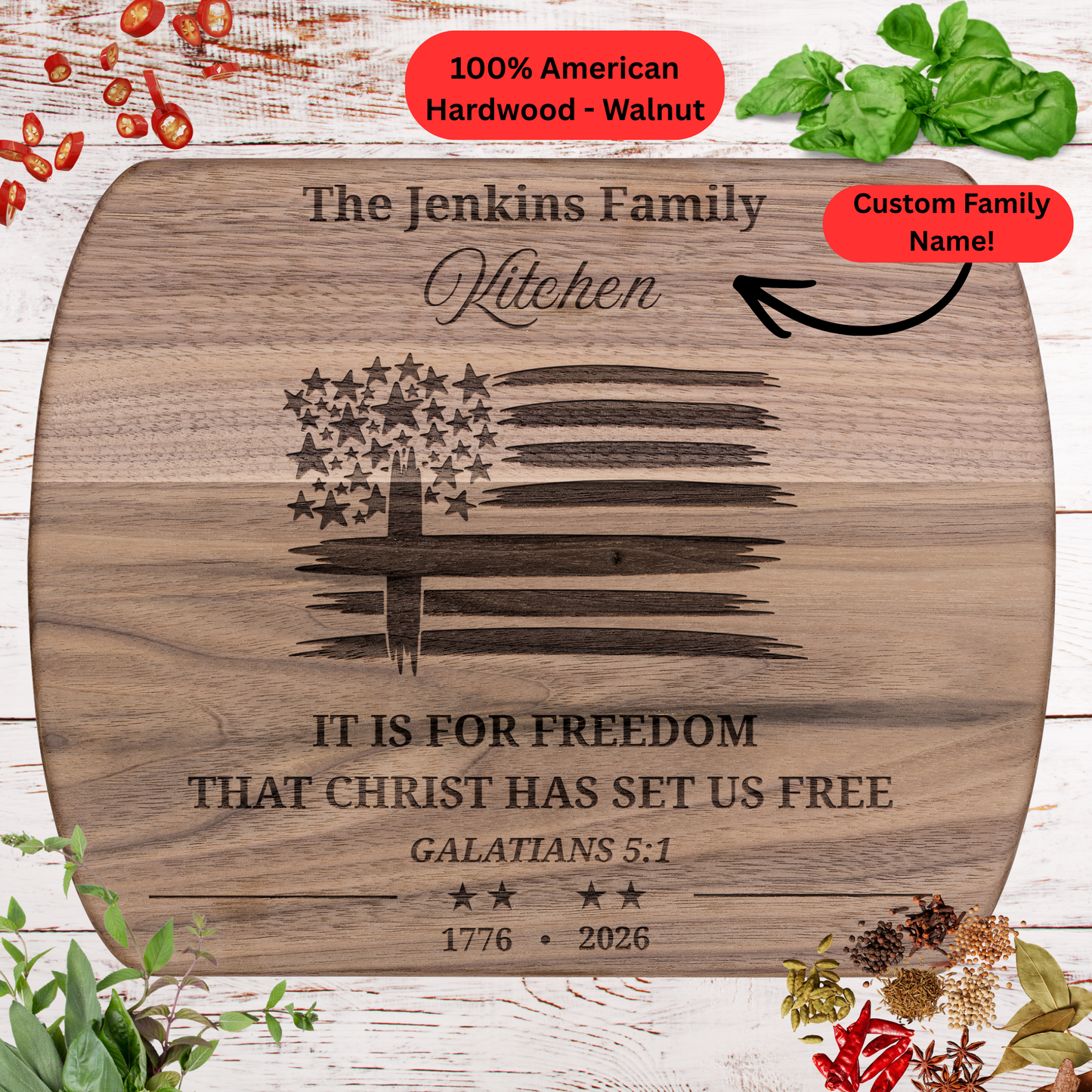 Personalized Christian Cutting Board. Bible Verse Gift. 1776 - 2026 American Flag Cross Patriotic Kitchen Decor. Family Name