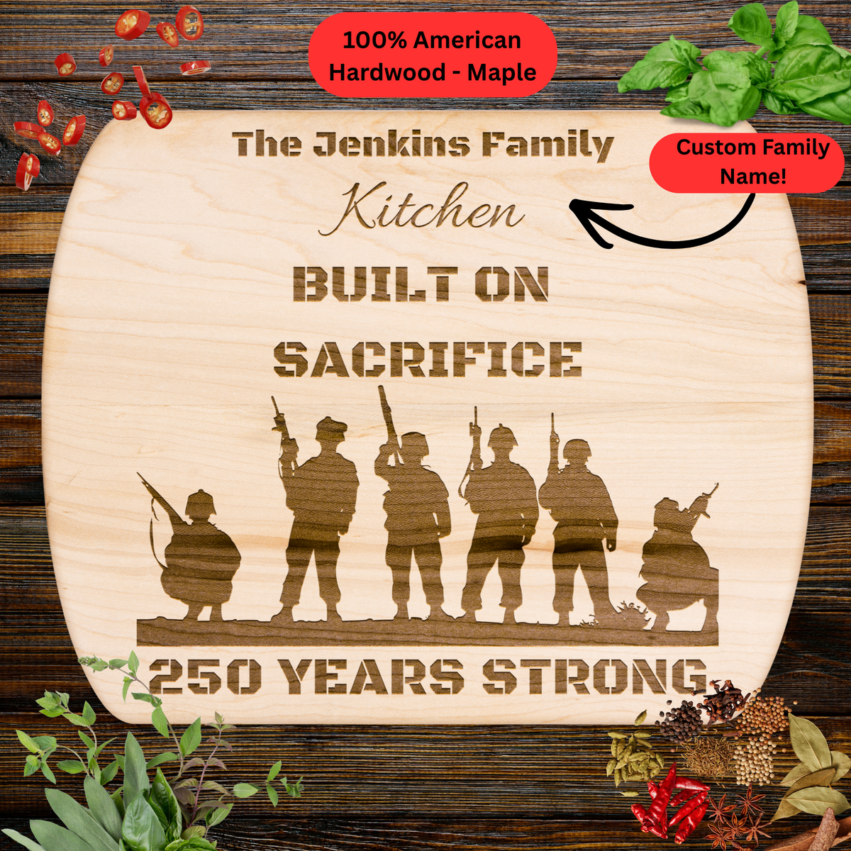Personalized Family Name Cutting Board. Armed Forces Tribute Gift. USA 250th Anniversary Keepsake