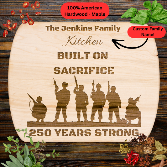 Personalized Family Name Cutting Board. Armed Forces Tribute Gift. USA 250th Anniversary Keepsake