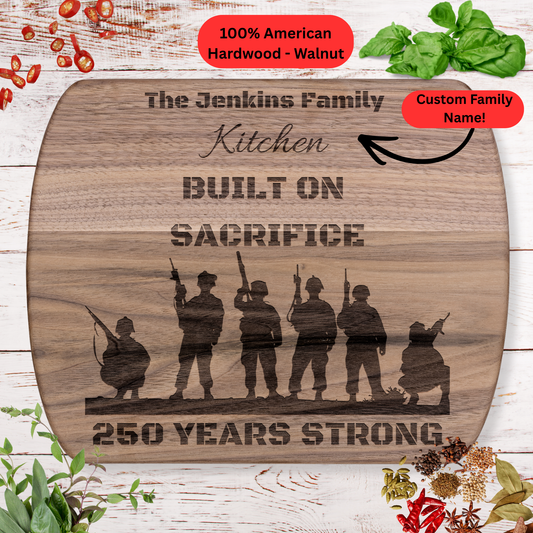 Personalized Family Name Cutting Board. Armed Forces Tribute Gift. USA 250th Anniversary Keepsake