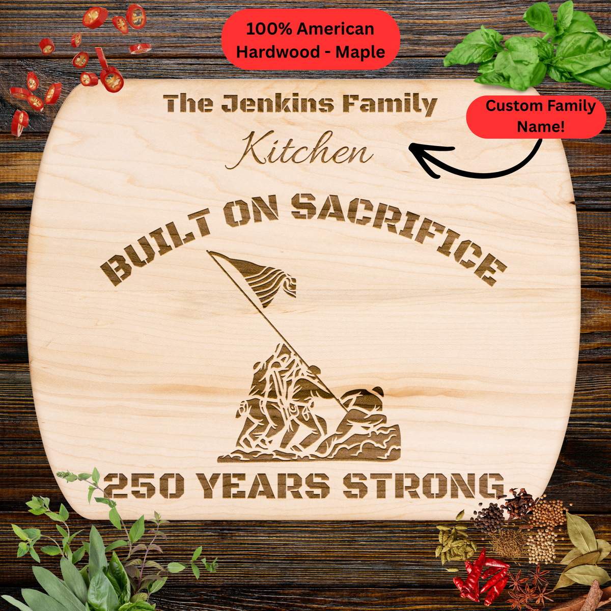 Personalized Family Name Cutting Board. Military Tribute Gift. USA 250th Anniversary Keepsake