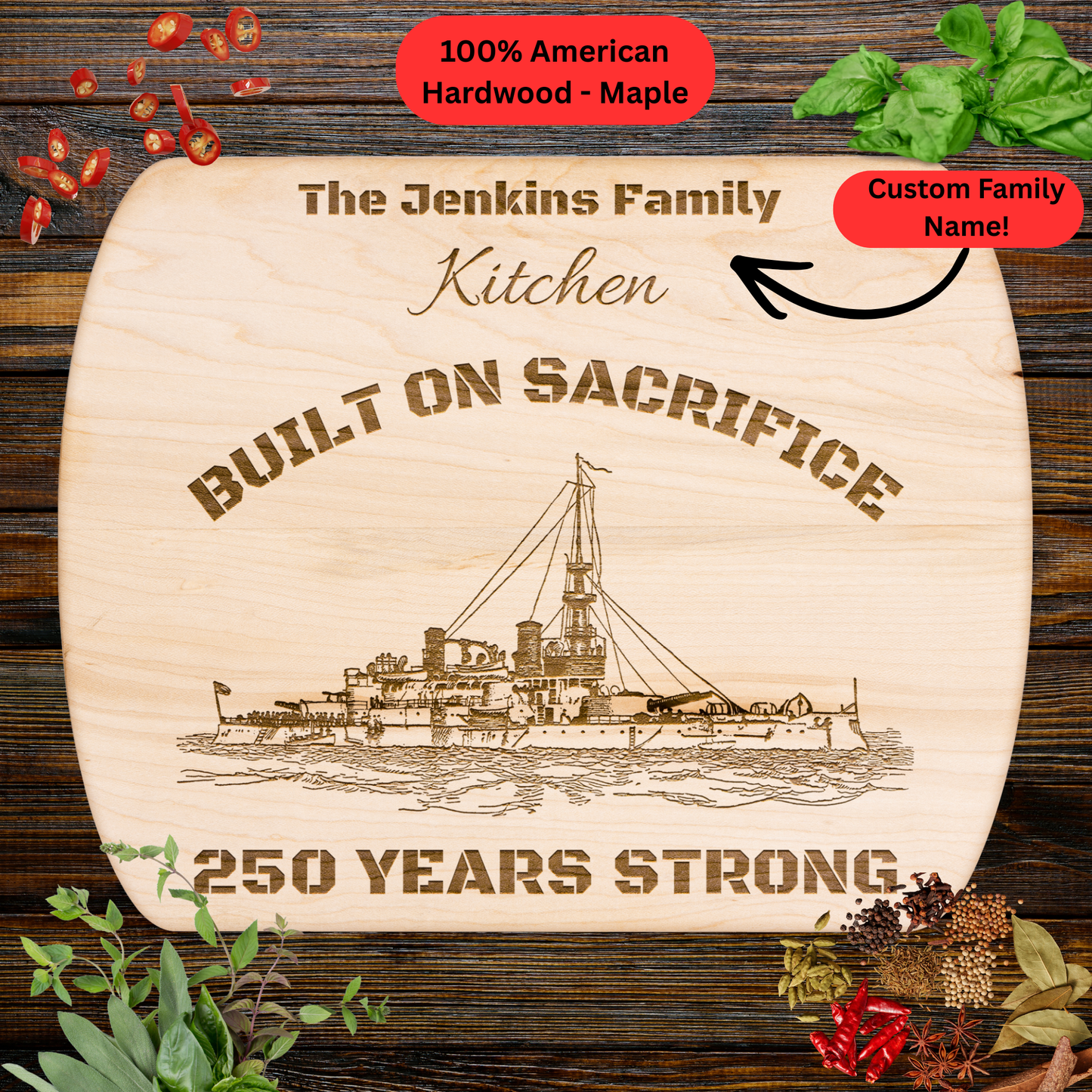 Personalized USS Oregon 250th Anniversary Cutting Board. American Heritage Gift. Military Family Gift
