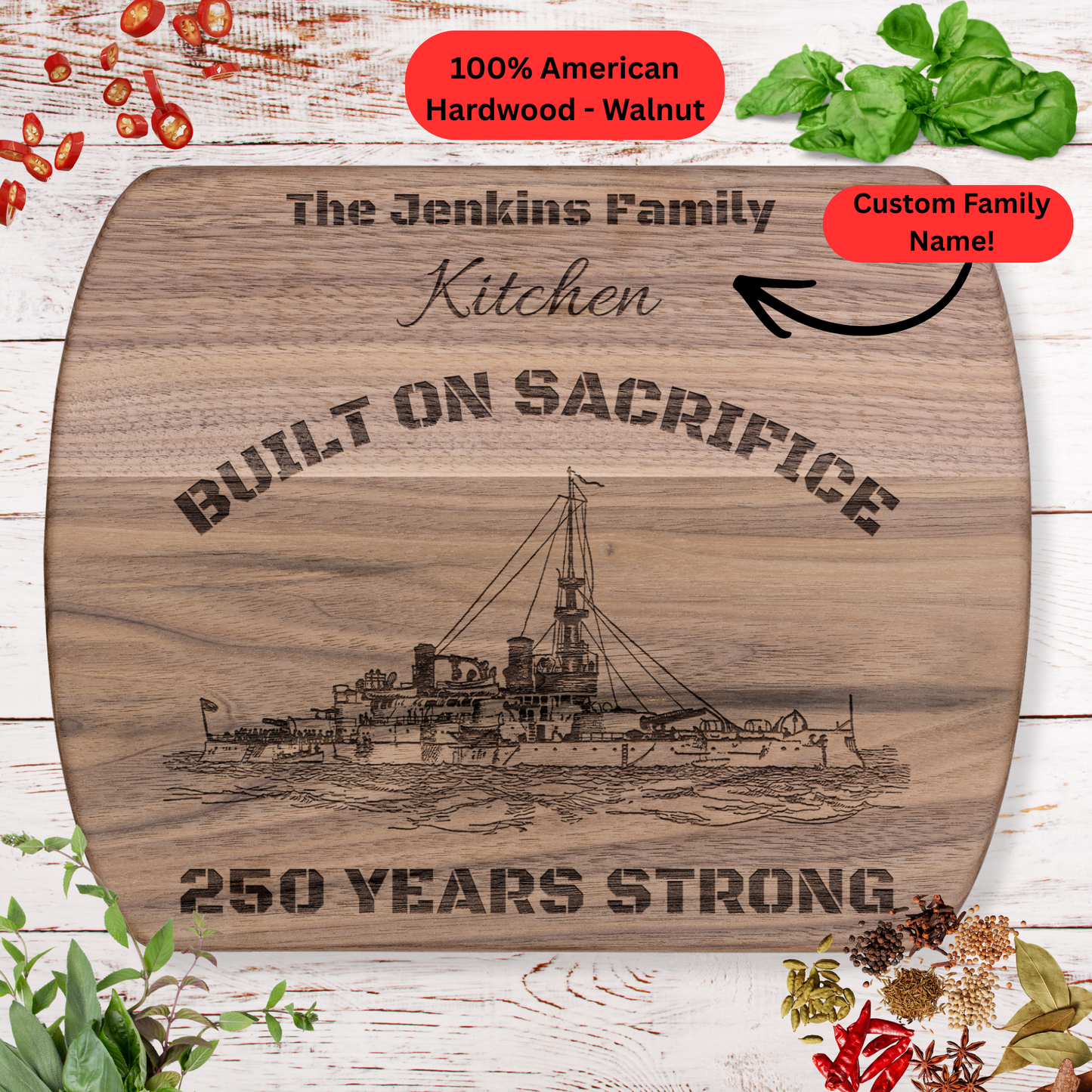 Personalized USS Oregon 250th Anniversary Cutting Board. American Heritage Gift. Military Family Gift