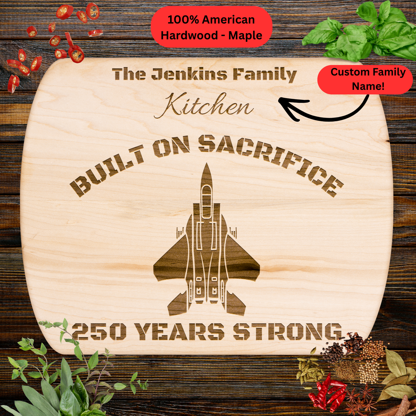 Personalized F-15 Fighter Jet 250th Anniversary Cutting Board. Patriotic Military Gift. Military Family Gift